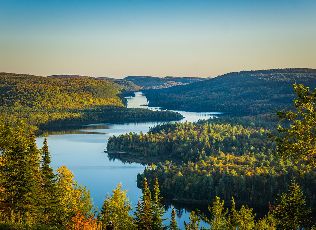 Longueuil, QC - View on the Wapizagonke Lake at Sunset on a Fall Day From a Belvedere in the Mauricie National Park in Quebec, Canada