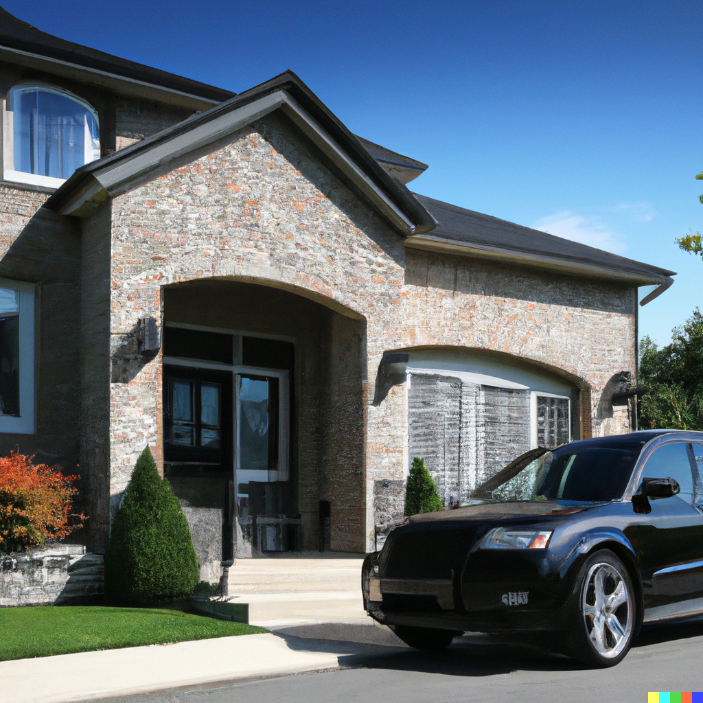 a modern home with a black SUV in the driveway in oakville, ontario on a sunny day