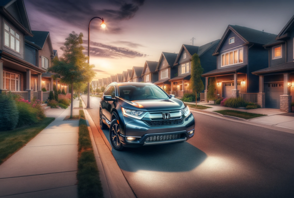 an AI render of a Honda CRV parked on a city street representing Canada's most stolen vehicle in 2022.